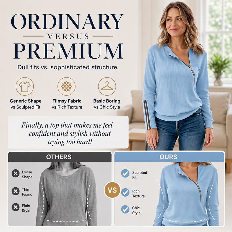 Women's Ribbed Knit Top with Asymmetrical Zipper