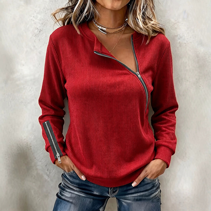 Women's Ribbed Knit Top with Asymmetrical Zipper