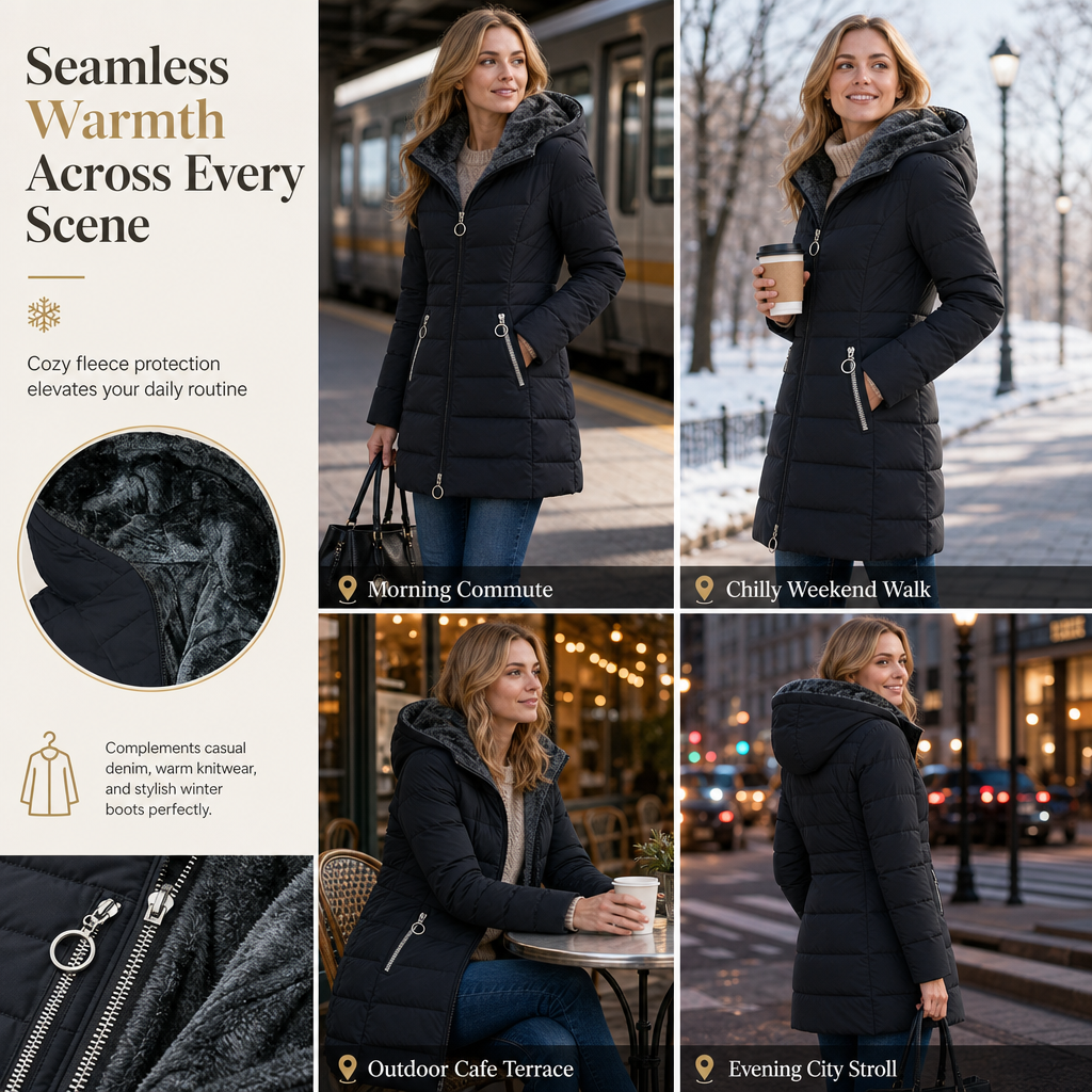 Women's Mid-Length Fleece Lined Hooded Coat