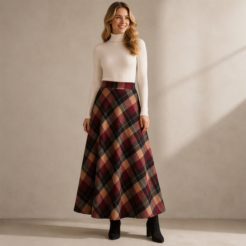 Women's Elegant High-Waisted Plaid Long Skirt