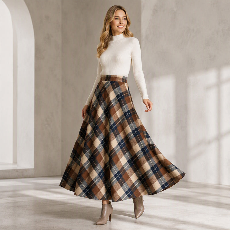 Women's Elegant High-Waisted Plaid Long Skirt