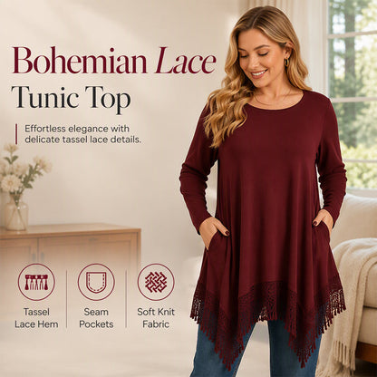 🌸 Tassel Lace Detail, Flattering Relaxed Drape | Women's Boho Tunic Top