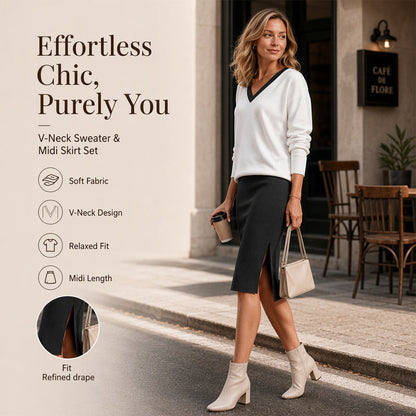 Women's Long Sleeve V-Neck Top & Ribbed Skirt Set