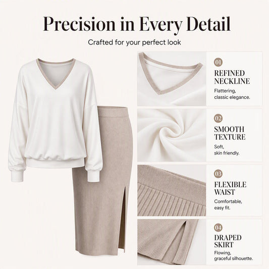 ✨ Effortless 2-Piece Elegance | Women's V-Neck Long-Sleeve Top & Ribbed Skirt Set