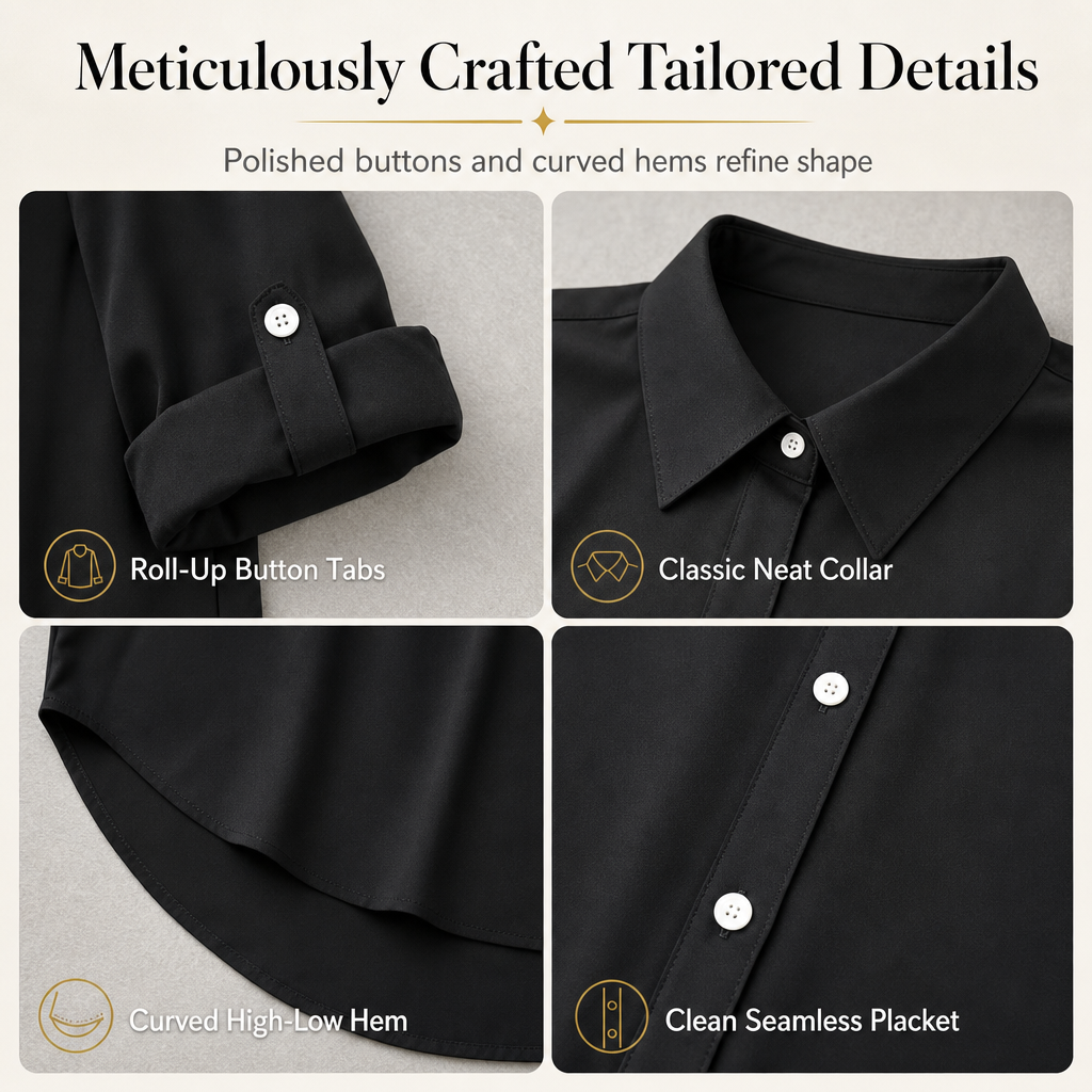 Women's Solid Color Satin Button Up Formal Shirt with Fashion Sleeves