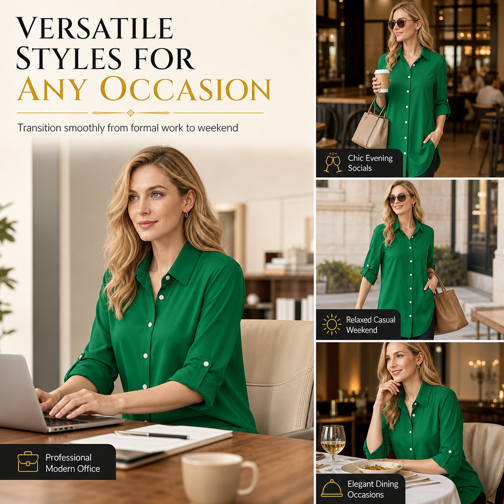 Women's Solid Color Satin Button Up Formal Shirt with Fashion Sleeves