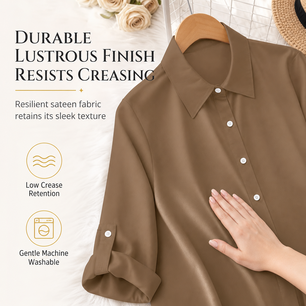 Women's Solid Color Satin Button Up Formal Shirt with Fashion Sleeves