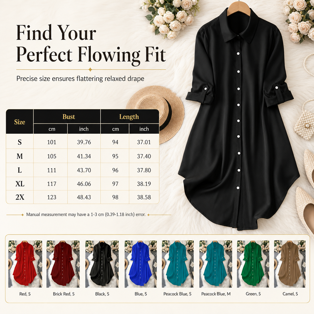 Women's Solid Color Satin Button Up Formal Shirt with Fashion Sleeves