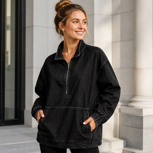 👖 Relaxed by Design | Women’s Washed Denim Half-Zip Oversized Jacket