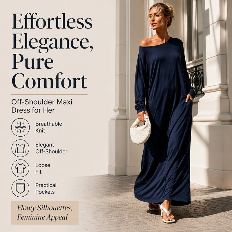 ✨ Effortless Elegance | Women’s Off-Shoulder Long-Sleeve Maxi Dress
