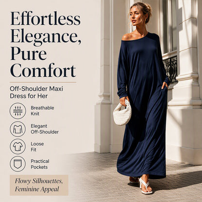 ✨ Effortless Elegance | Women’s Off-Shoulder Long-Sleeve Maxi Dress