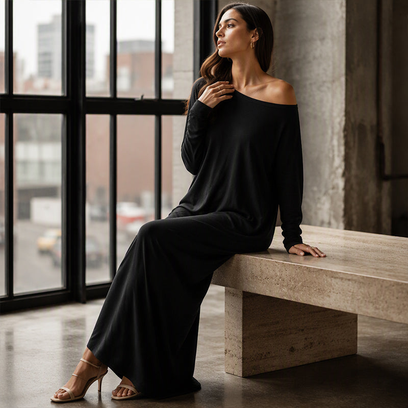 ✨ Effortless Elegance | Women’s Off-Shoulder Long-Sleeve Maxi Dress