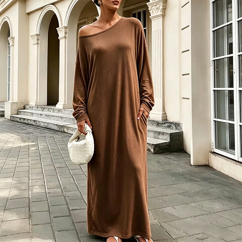 ✨ Effortless Elegance | Women’s Off-Shoulder Long-Sleeve Maxi Dress