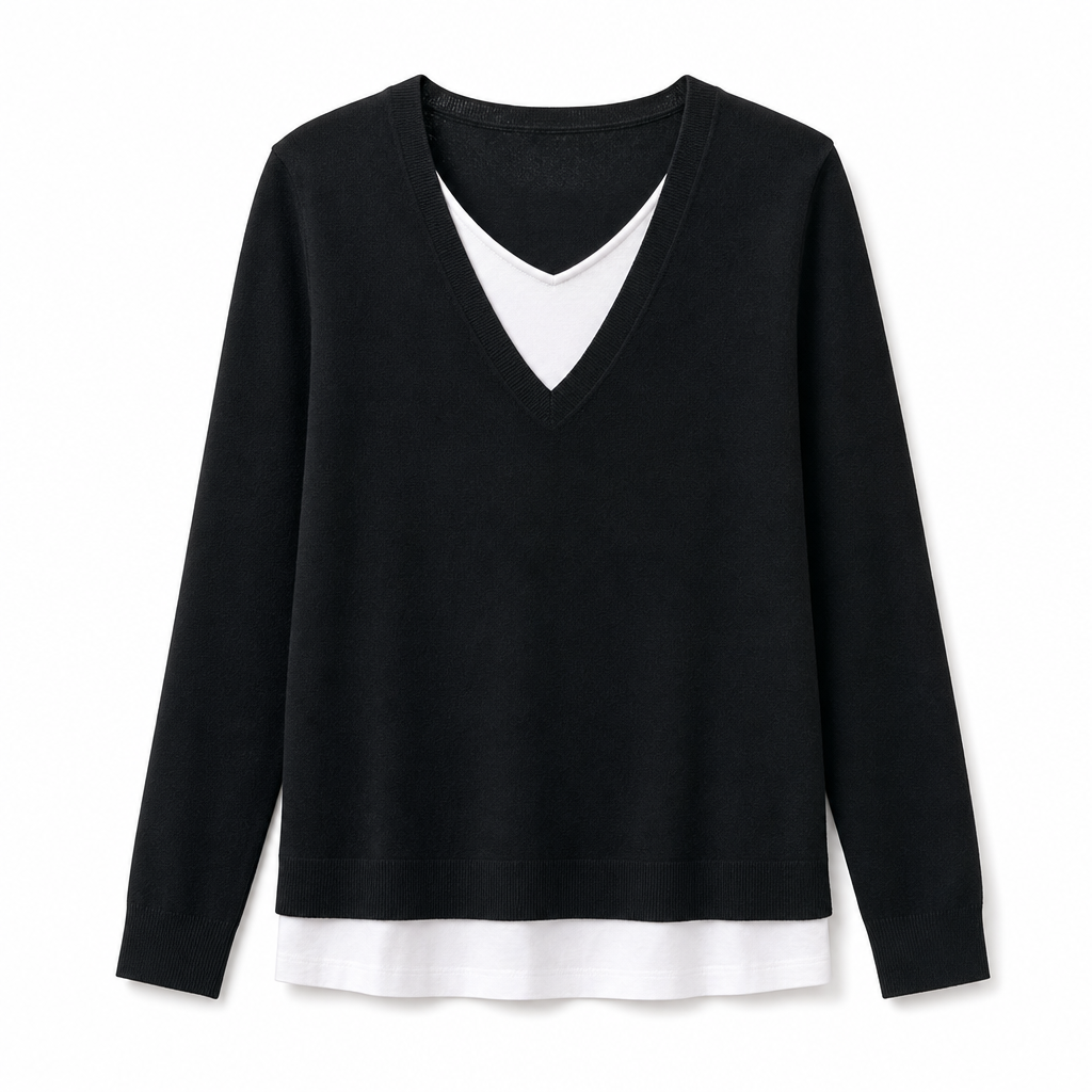 ✨ Layered Look, One Easy Piece | Women’s V-Neck Fake Two-Piece Knit Top