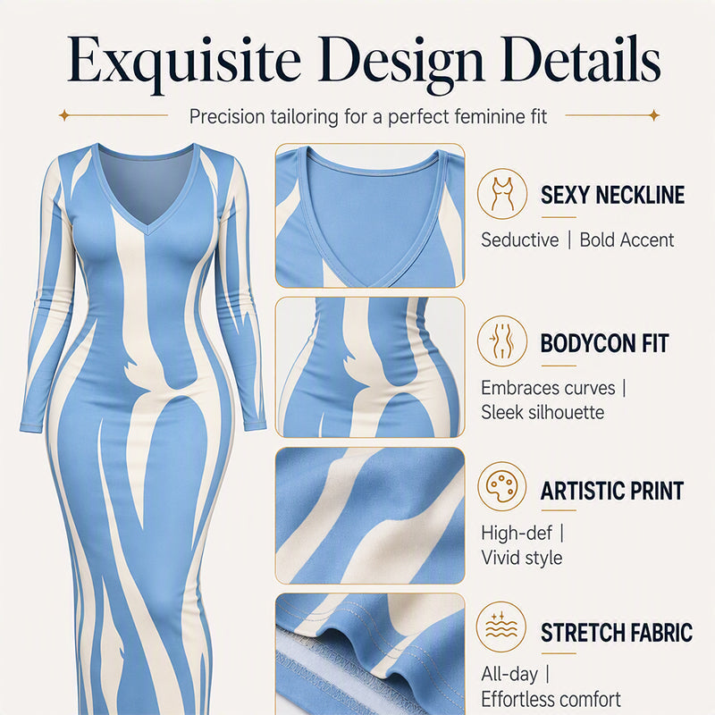 Women's Printed Long Sleeve Bodycon Maxi Dress