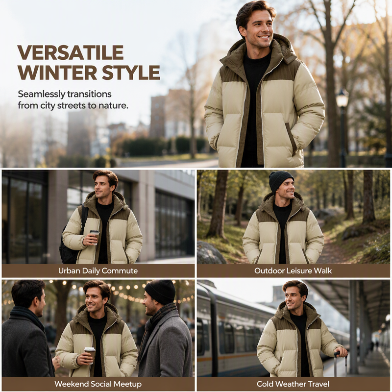 Men's Winter Color-Block Puffer Hooded Jacket
