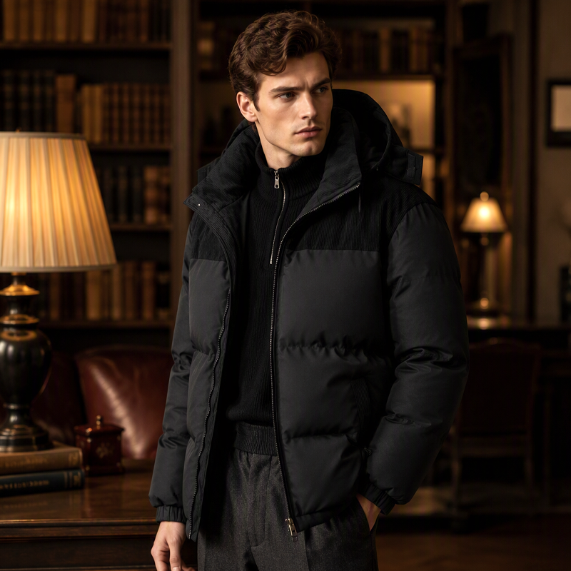Men's Winter Color-Block Puffer Hooded Jacket