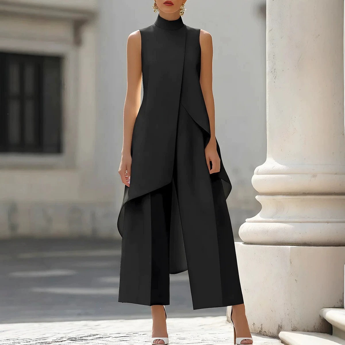 Women's Sleeveless Asymmetric Tunic Top & Wide-Leg Pants Set