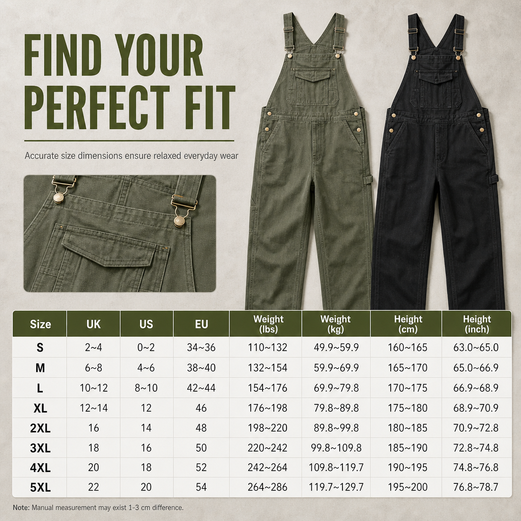 Men's Heavyweight Cotton Denim Overalls Relaxed Fit Straight Leg Dungarees with Multi Pocket Utility