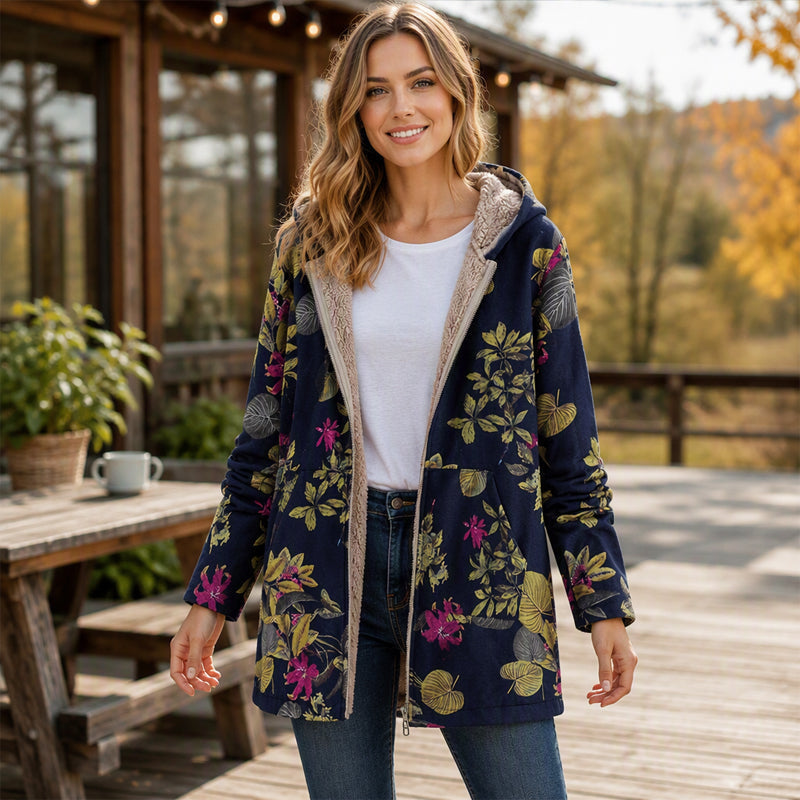 Women's Vintage Leaf Print Hooded Coat