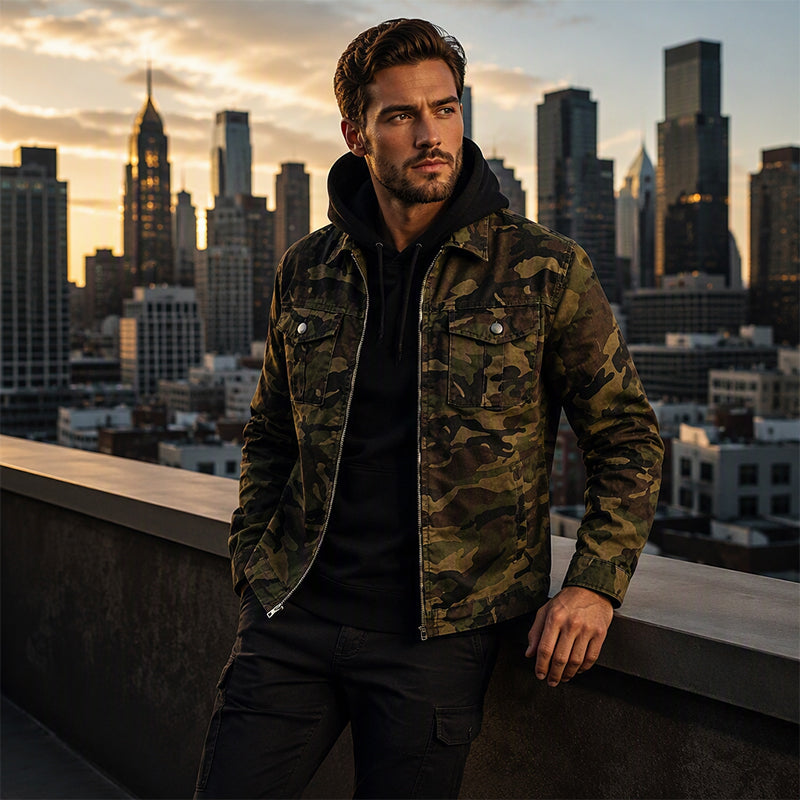 💥 Camo Contrast, Street-Ready Denim | Men's Structured Jacket ⚡