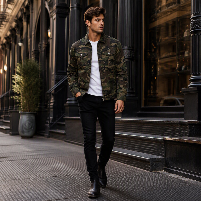 💥 Camo Contrast, Street-Ready Denim | Men's Structured Jacket ⚡