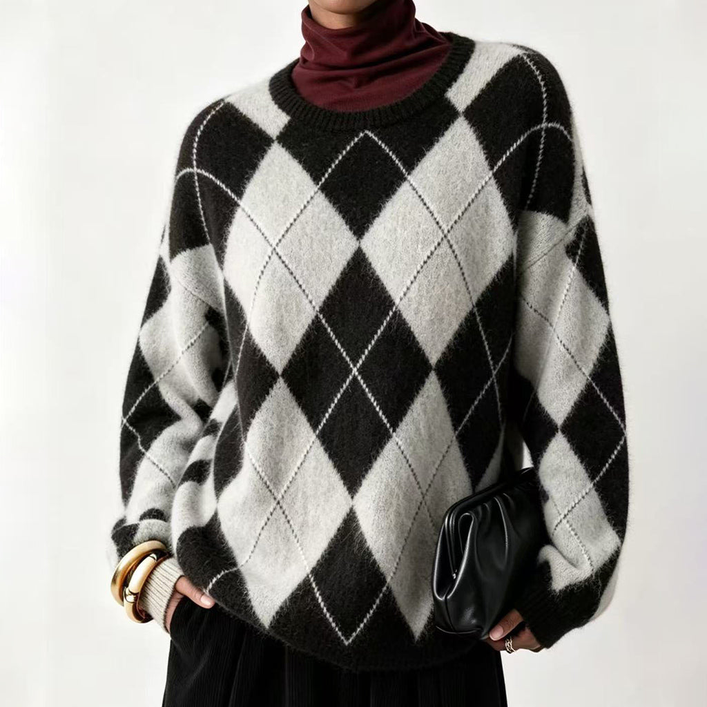 Women's Retro Argyle Cozy Knit Sweater