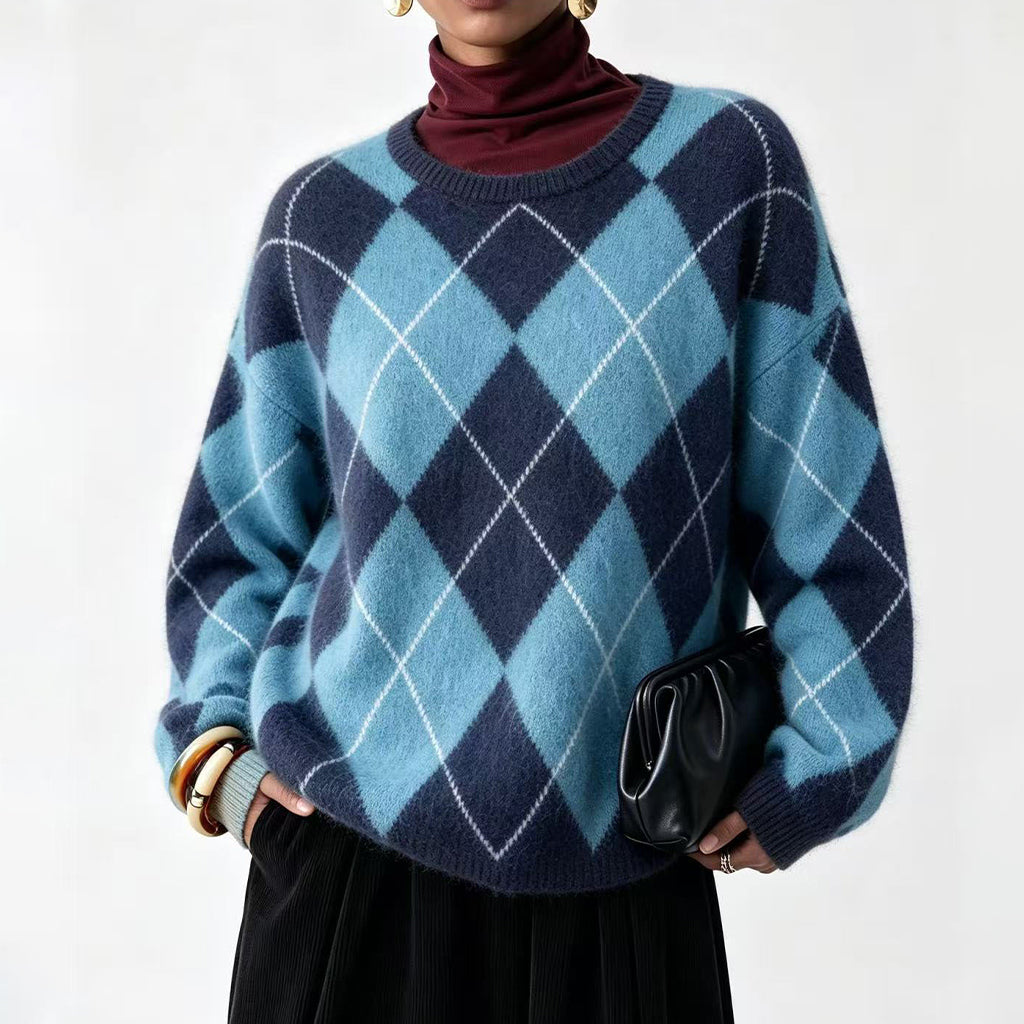 Women's Retro Argyle Cozy Knit Sweater