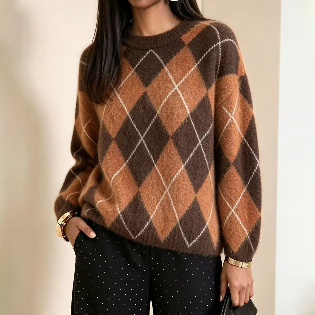 Women's Retro Argyle Cozy Knit Sweater