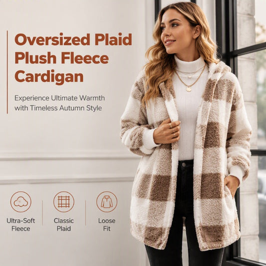 Women's Loose Plaid Color Block Hooded Cardigan