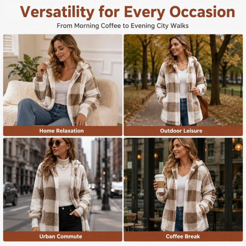 Women's Loose Plaid Color Block Hooded Cardigan
