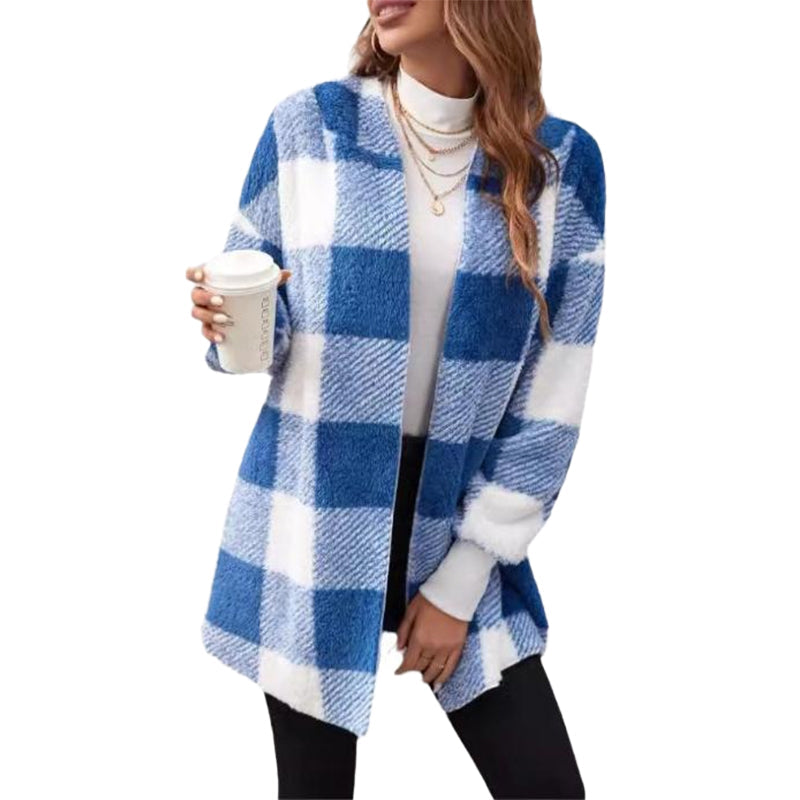 Women's Loose Plaid Color Block Hooded Cardigan