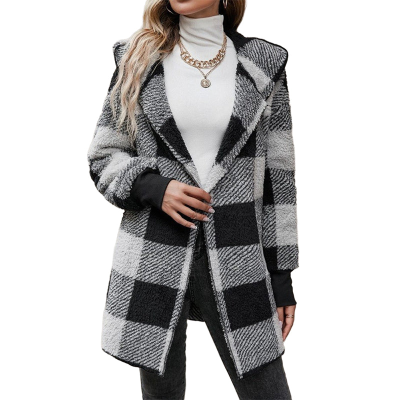 Women's Loose Plaid Color Block Hooded Cardigan