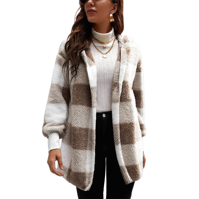 Women's Loose Plaid Color Block Hooded Cardigan