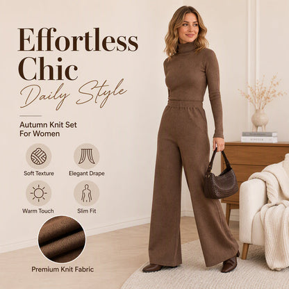 Women's Turtleneck Knit Top and Wide-Leg Pants Set