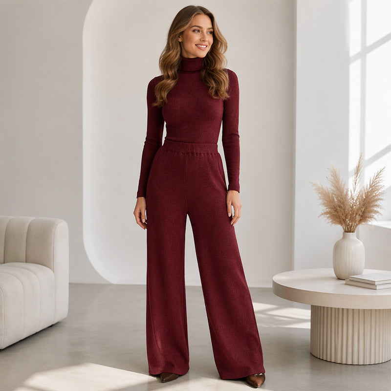 Women's Turtleneck Knit Top and Wide-Leg Pants Set