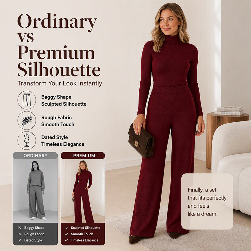 Women's Turtleneck Knit Top and Wide-Leg Pants Set