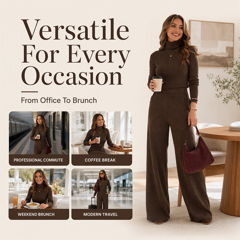 Women's Turtleneck Knit Top and Wide-Leg Pants Set