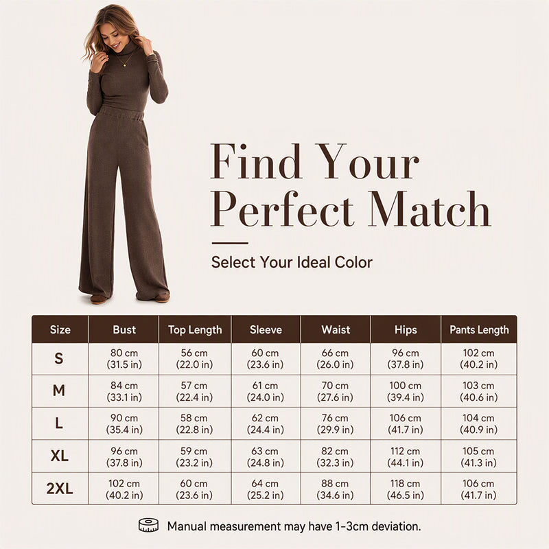 Women's Turtleneck Knit Top and Wide-Leg Pants Set