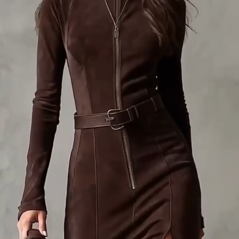 Long Sleeve Faux Suede Zipper Maxi Dress