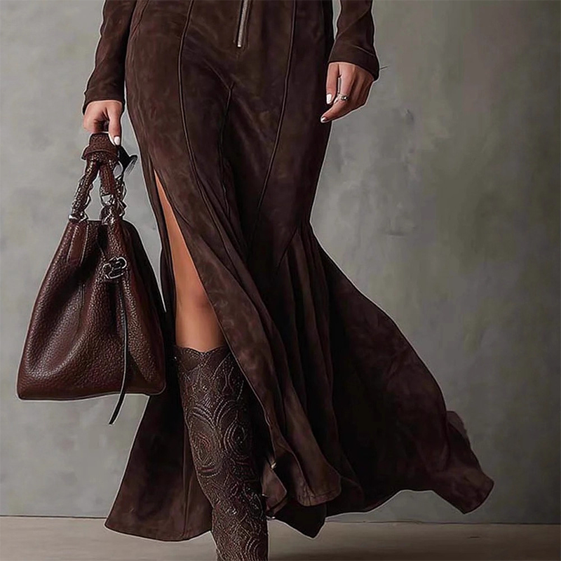 Long Sleeve Faux Suede Zipper Maxi Dress