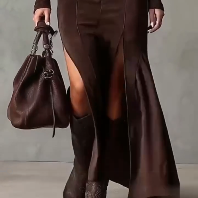 Long Sleeve Faux Suede Zipper Maxi Dress