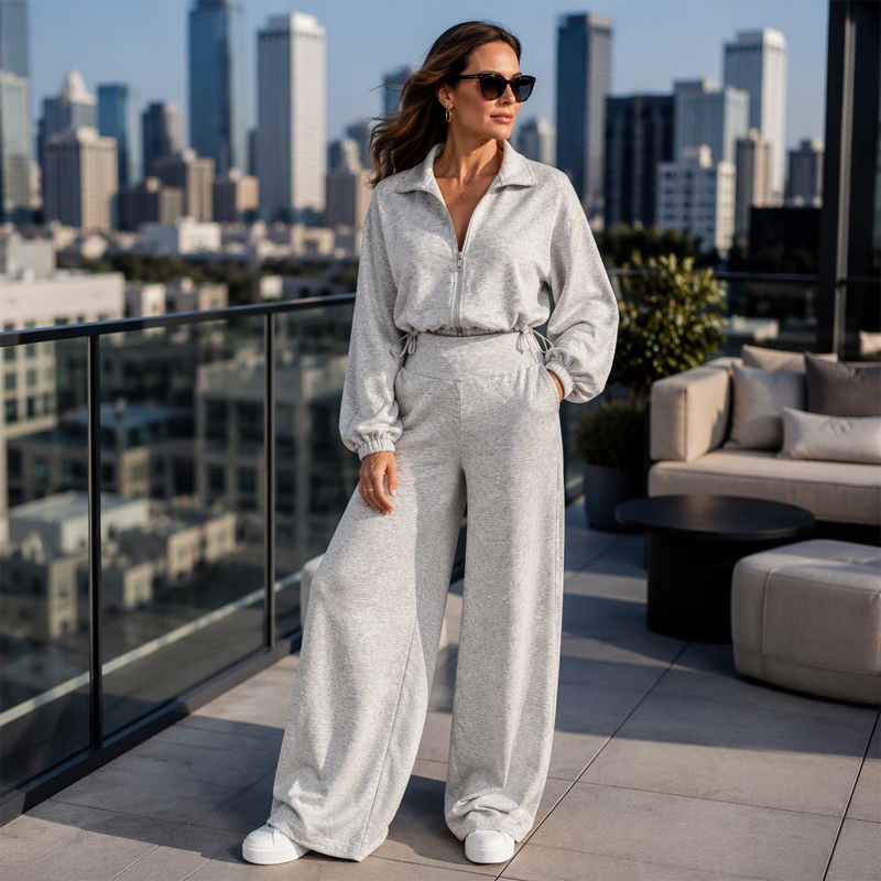 Women's Cropped Zip-Up Sweatshirt & Wide-Leg Pants Set