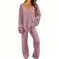 Women's Knit V-Neck Sweater & Wide-Leg Pants Set