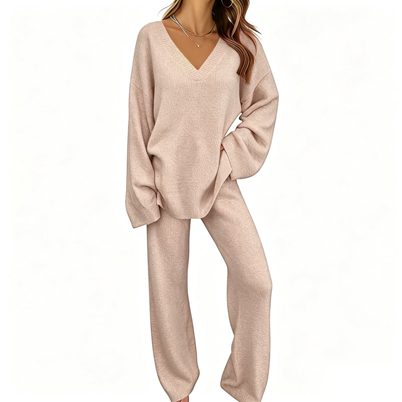 Women's Knit V-Neck Sweater & Wide-Leg Pants Set