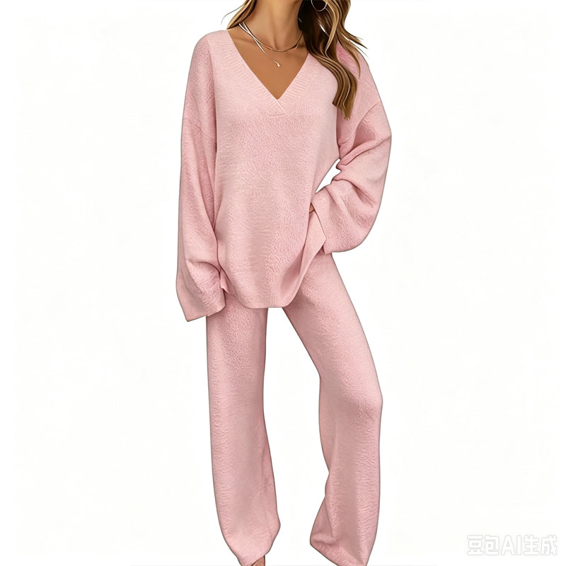 Women's Knit V-Neck Sweater & Wide-Leg Pants Set