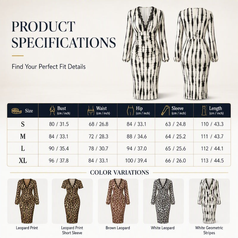 Women’s Lace Leopard V-Neck Lantern Sleeve Mid-Length Dress