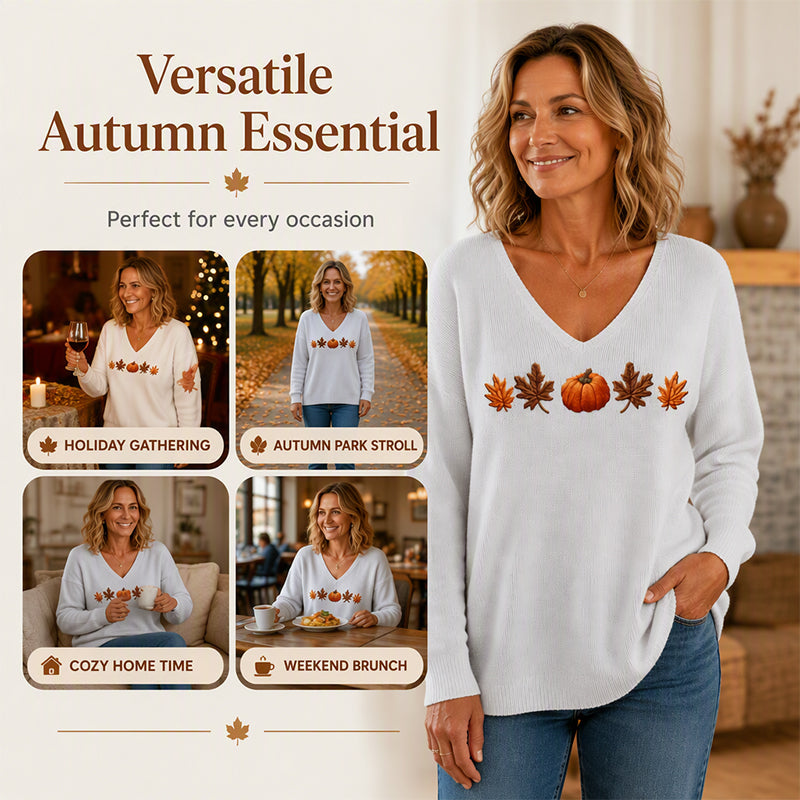 Women's Pumpkin Print V-Neck Long Sleeve Top