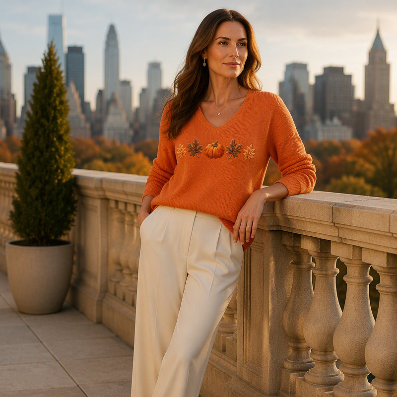 Women's Pumpkin Print V-Neck Long Sleeve Top