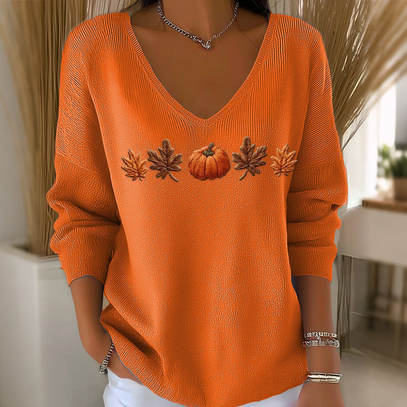 Women's Pumpkin Print V-Neck Long Sleeve Top